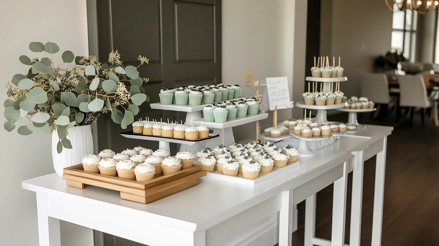 Dessert table with a blue and green ombre color scheme