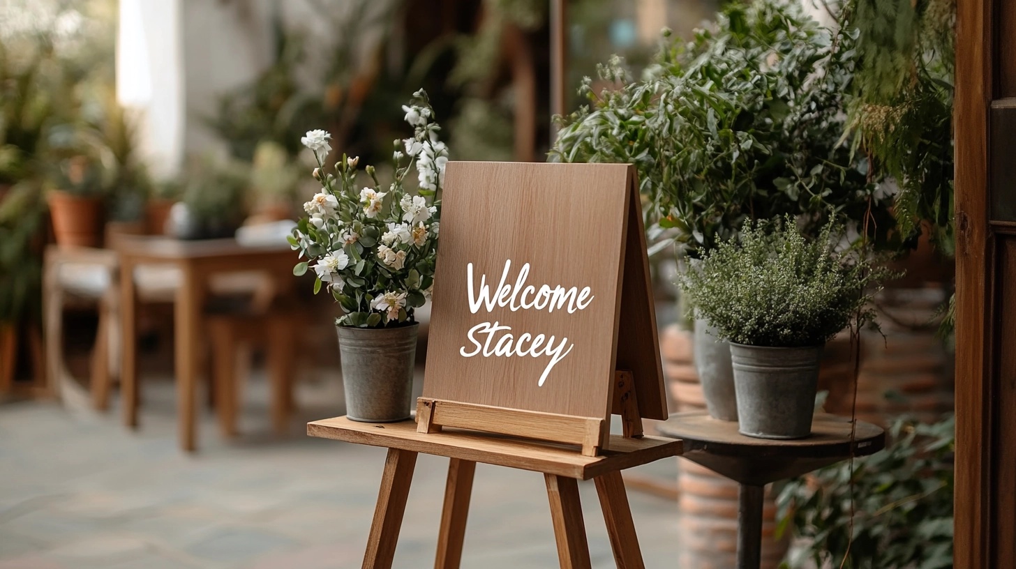 Elegant wooden welcome sign with calligraphy