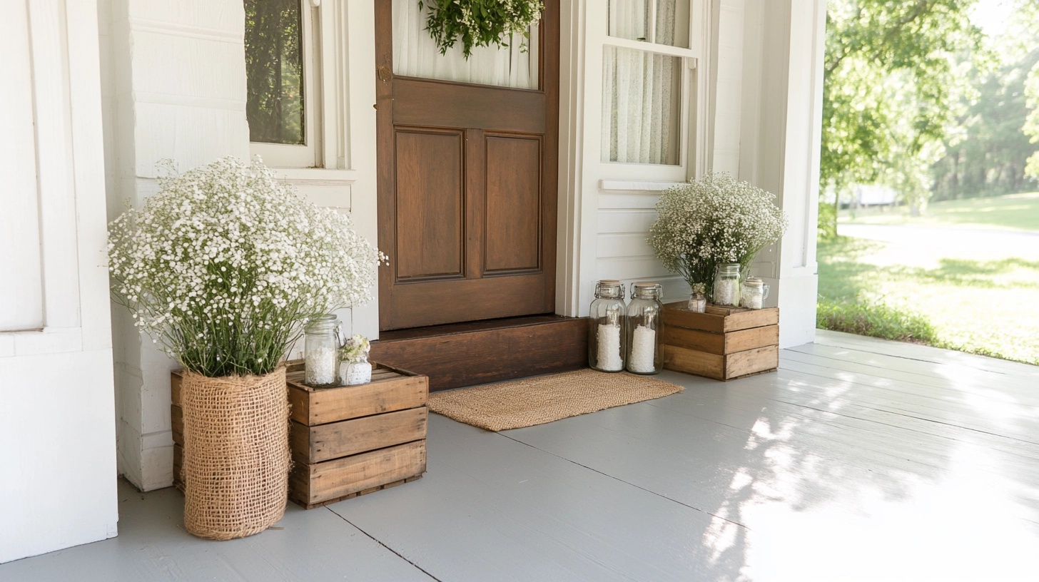 Wooden crates, burlap accents, and mason jars with flowers