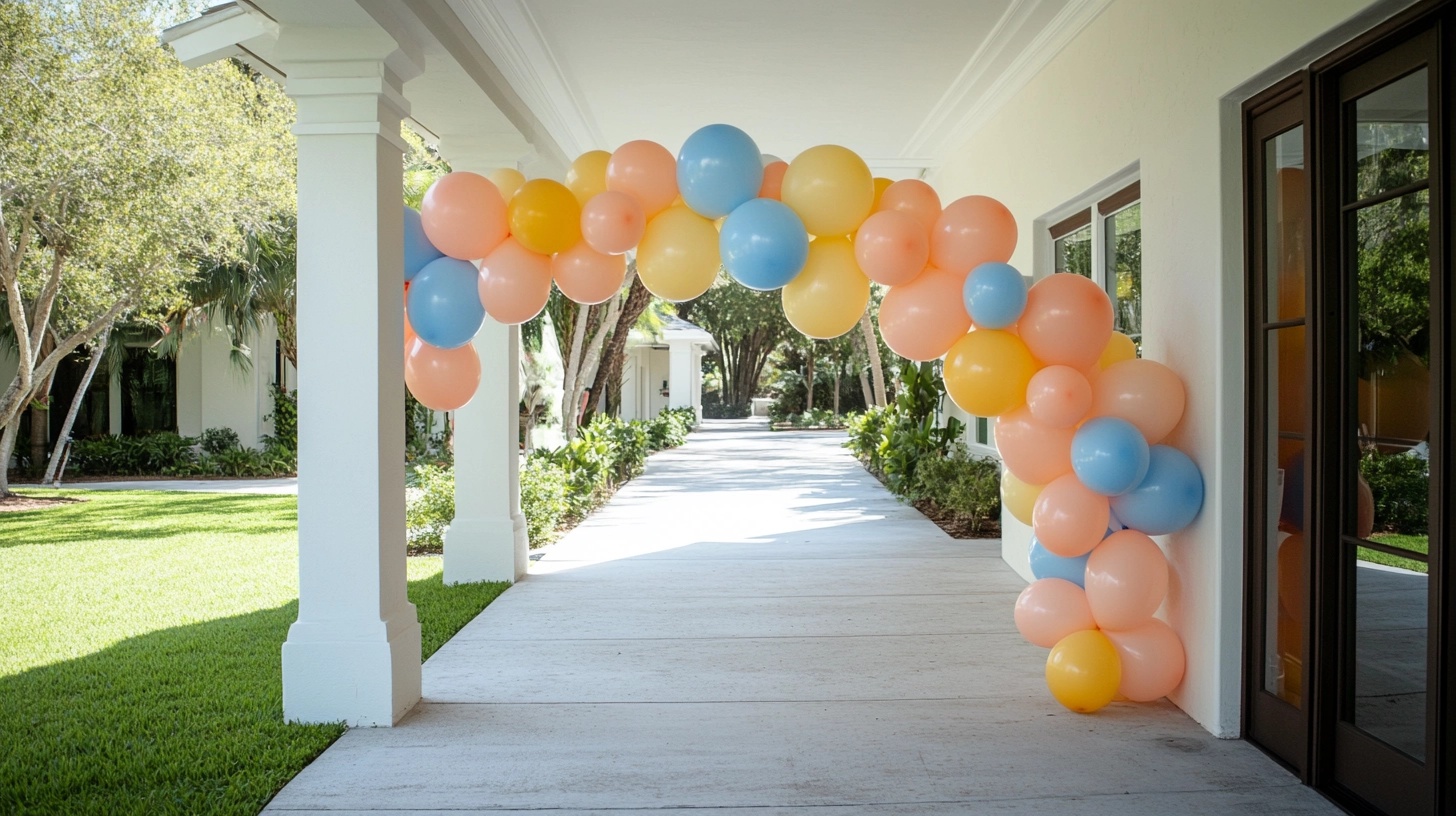 Pastel-colored balloon arch at a baby shower entrance