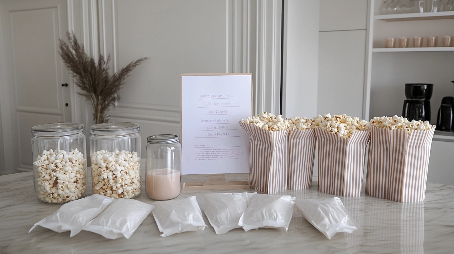 A 'Ready to Pop' themed popcorn bar with various popcorn flavors.