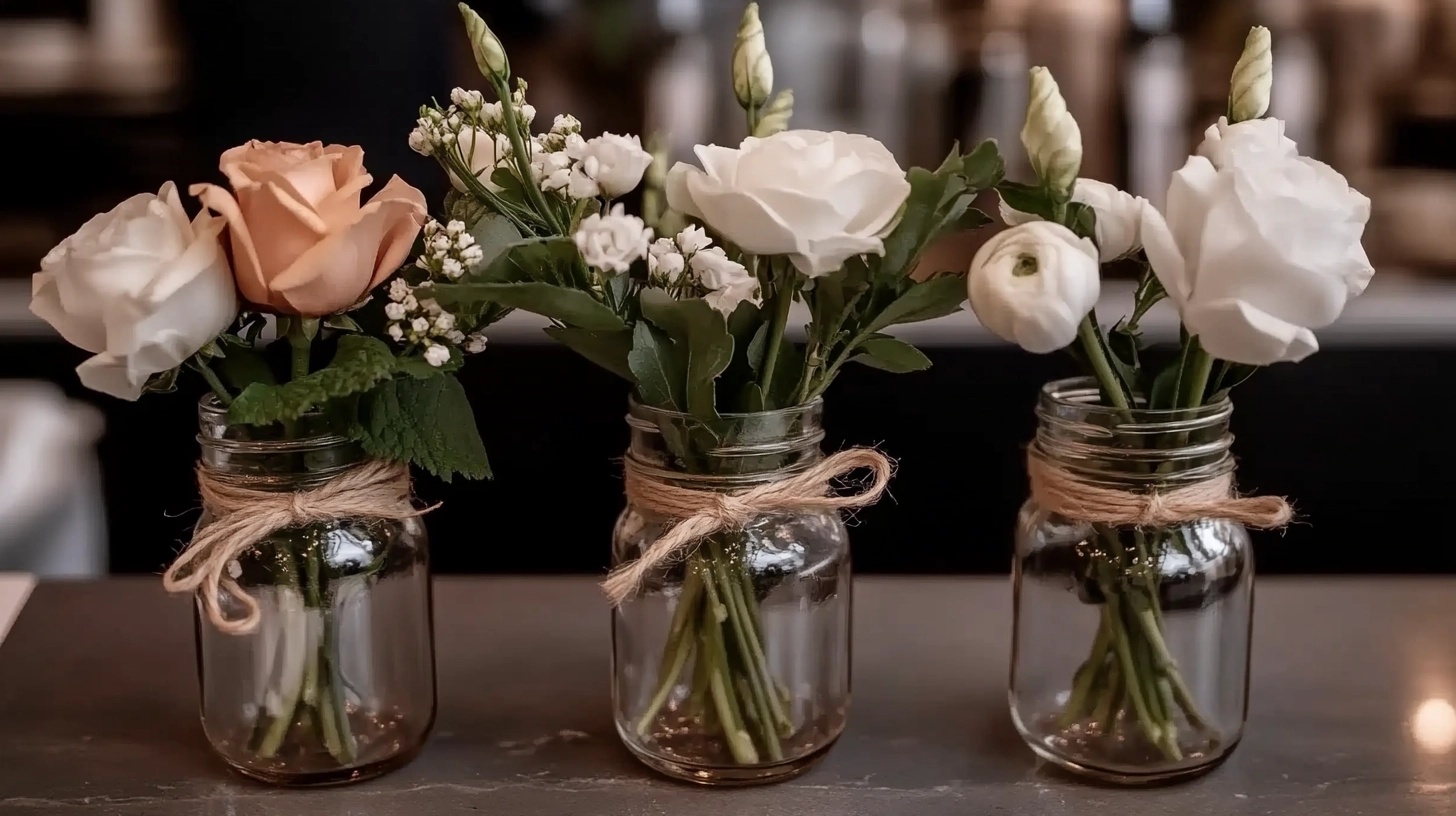 Three mason jar flower centerpieces with white and pink flowers.