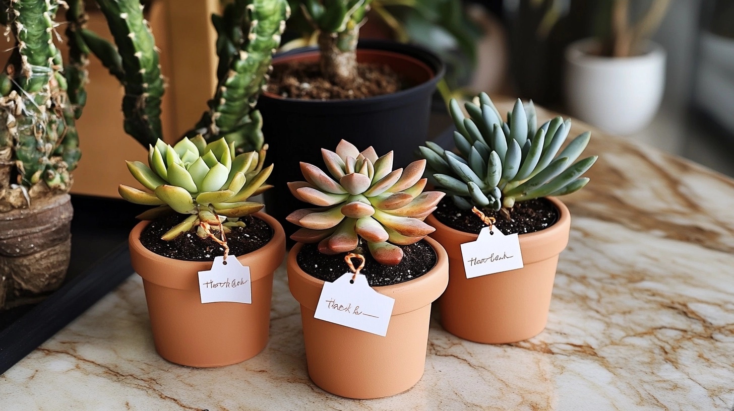 Small potted succulent plants as party favors.