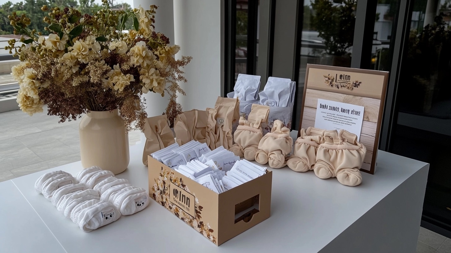 A diaper raffle station with a decorated box and diapers displayed.