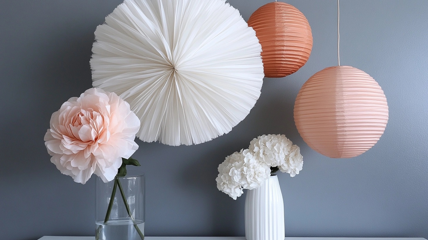 Pastel-colored paper lanterns and pom-poms hanging from the ceiling.