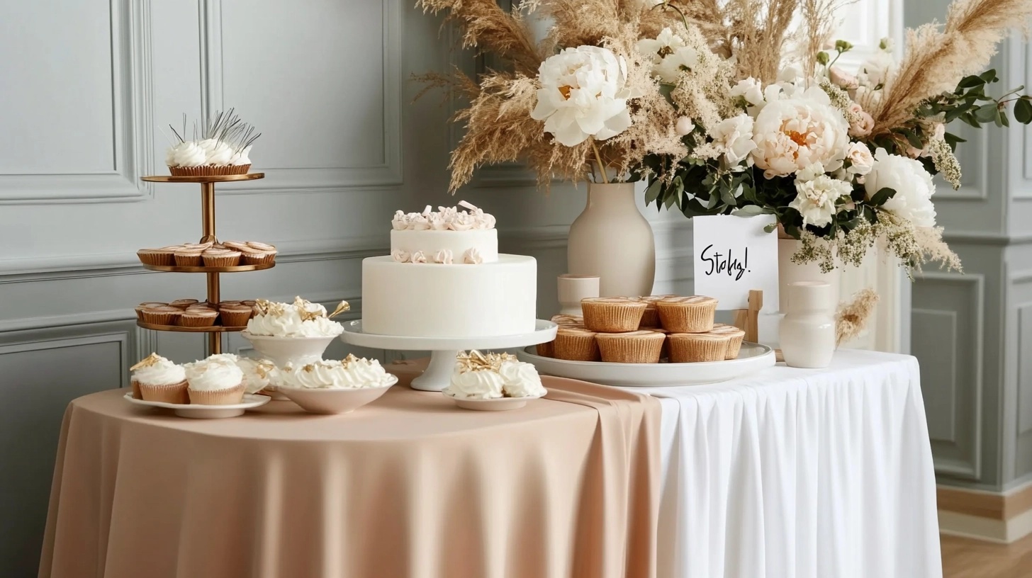 A dessert table with cupcakes, cakes, and other sweets.