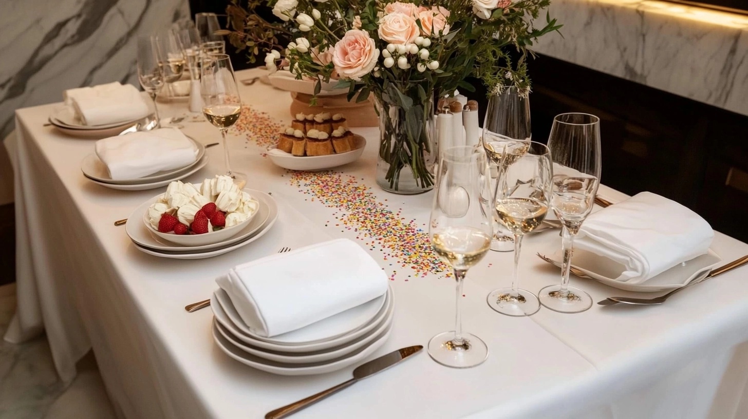 Table setting with a white tablecloth and colorful sprinkle-fetti confetti runner.