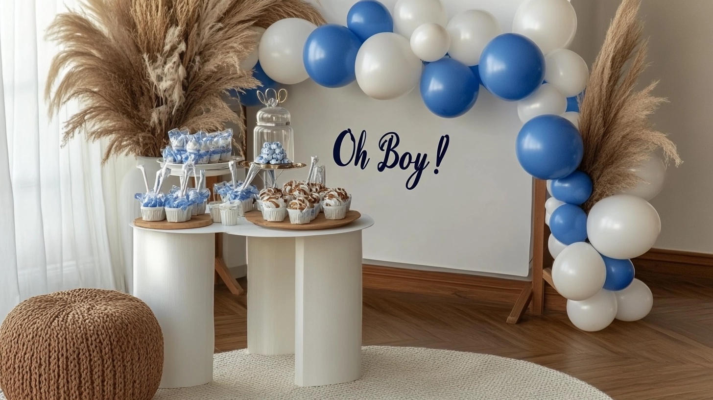 Blue and white balloon garland.