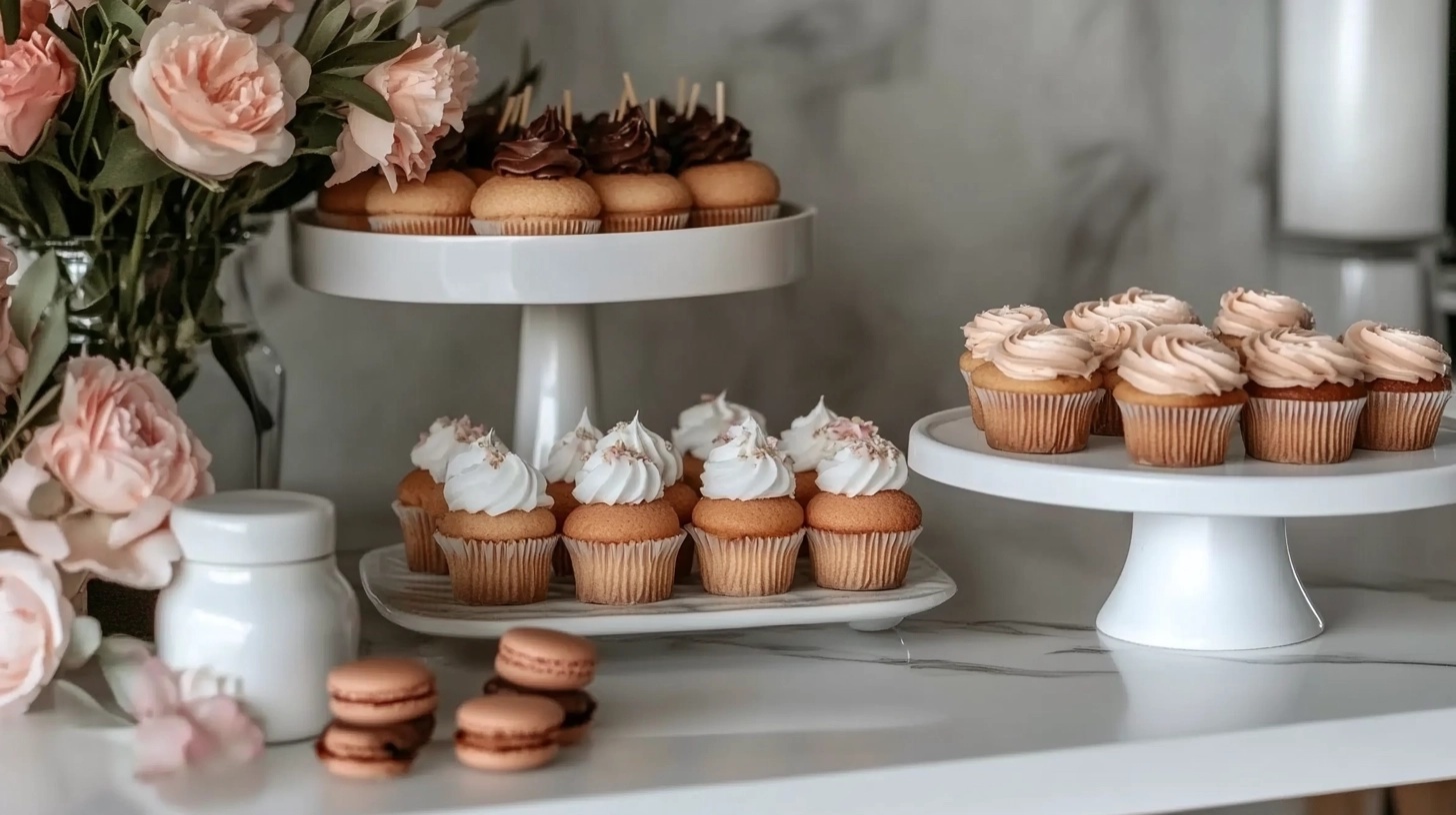 Dessert table with cupcakes and macarons.