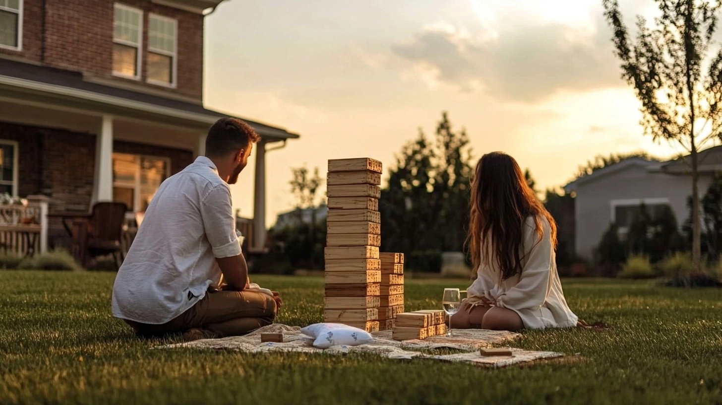 Guests playing Jenga outdoors.