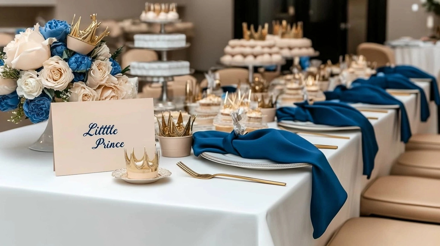 Royal-themed baby sprinkle table setting