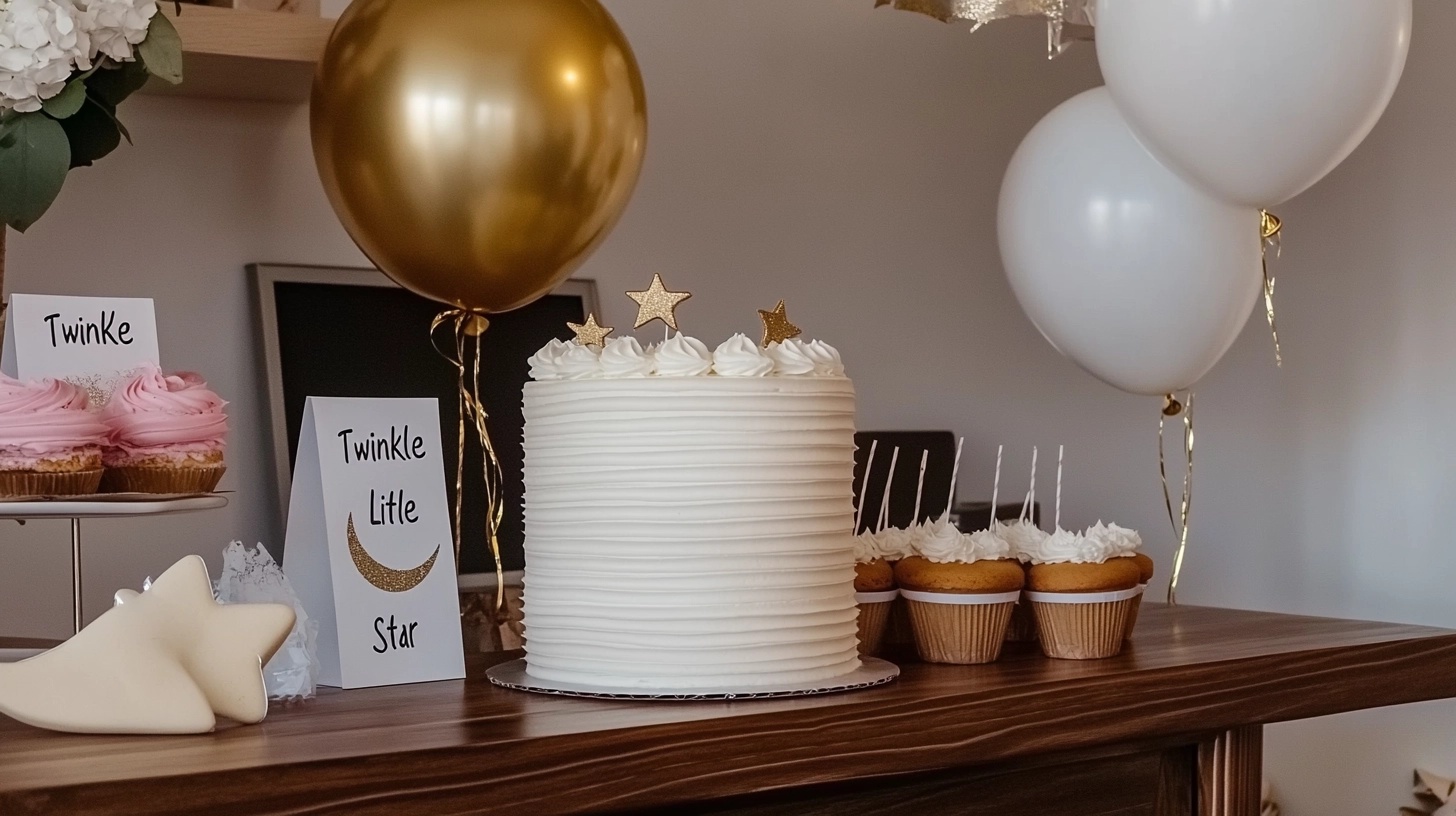 Celestial-themed decorations with stars and moon.