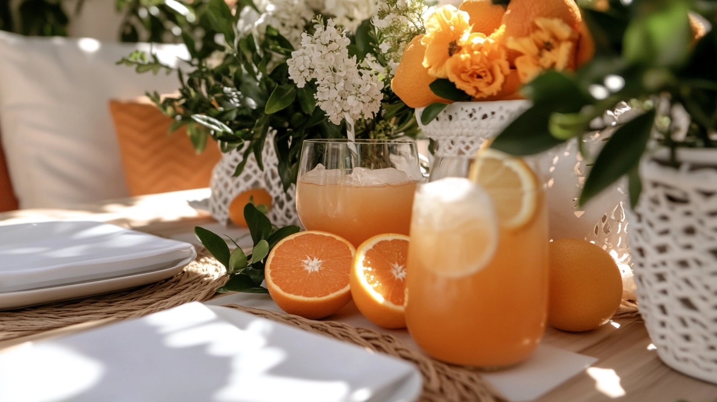 Citrus-themed table setting with oranges and lemons.