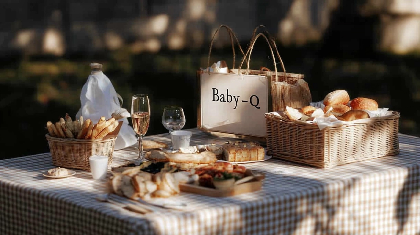 Backyard BBQ setup with food and 'Baby-Q' sign.