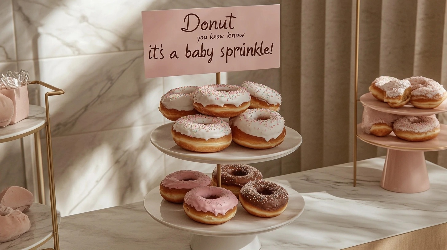 Display of colorful donuts with sprinkles.