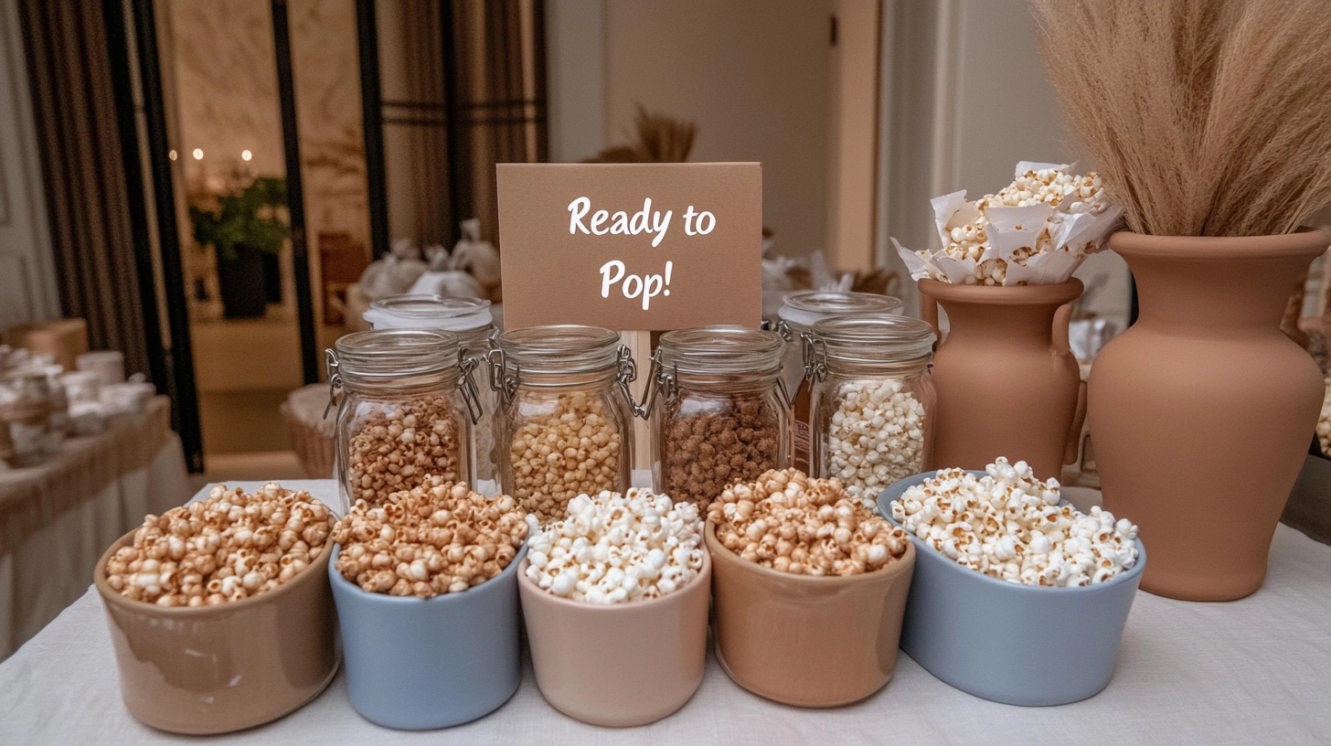 Popcorn bar with various flavors and 'Ready to Pop!' sign.