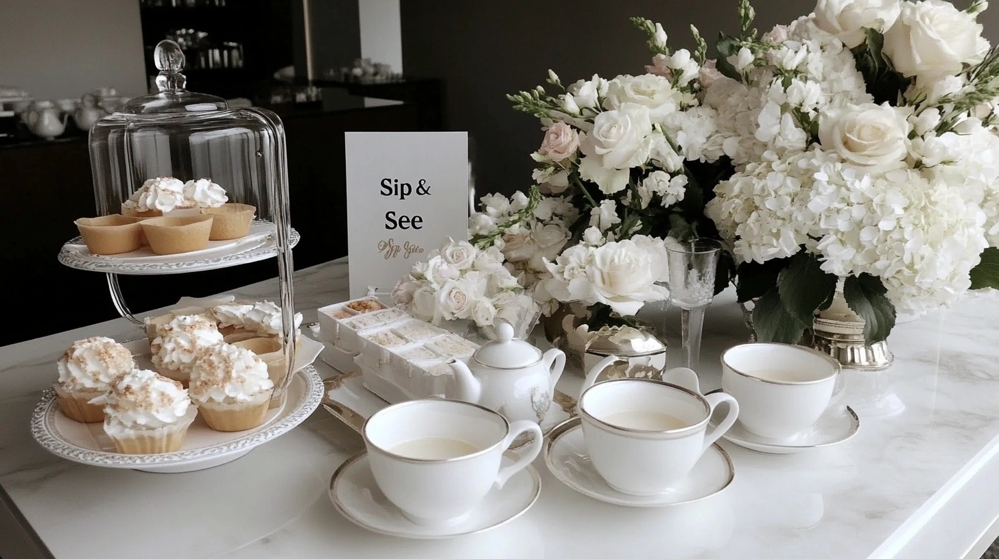 Tea party setup with teacups and flowers.