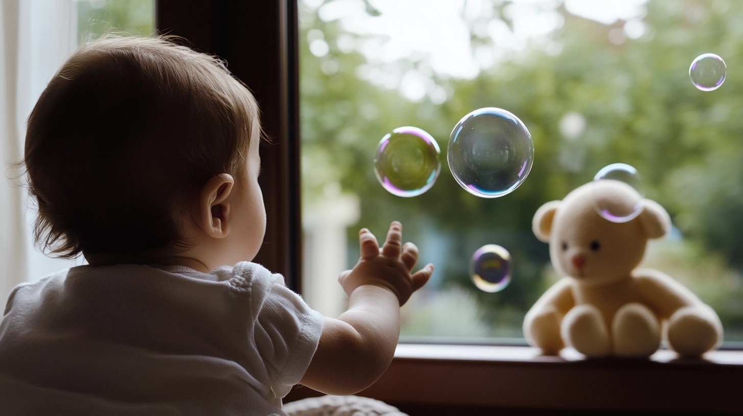 Baby watching bubbles floating.