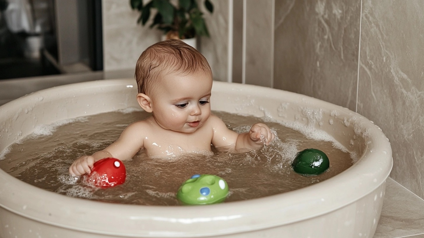 Baby splashing in a shallow basin of water with toys