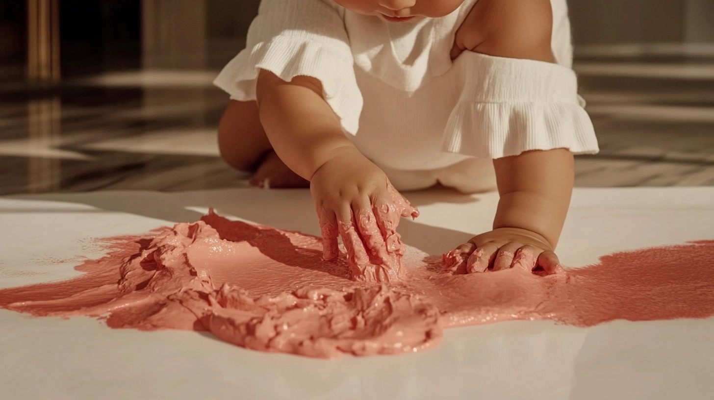 Baby's hands covered in colorful edible finger paint