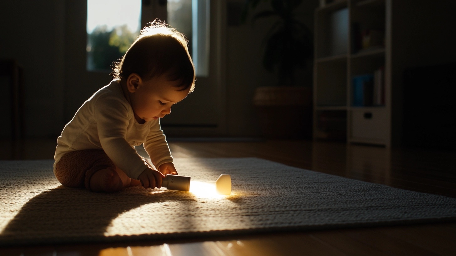 Baby exploring shadows with a flashlight