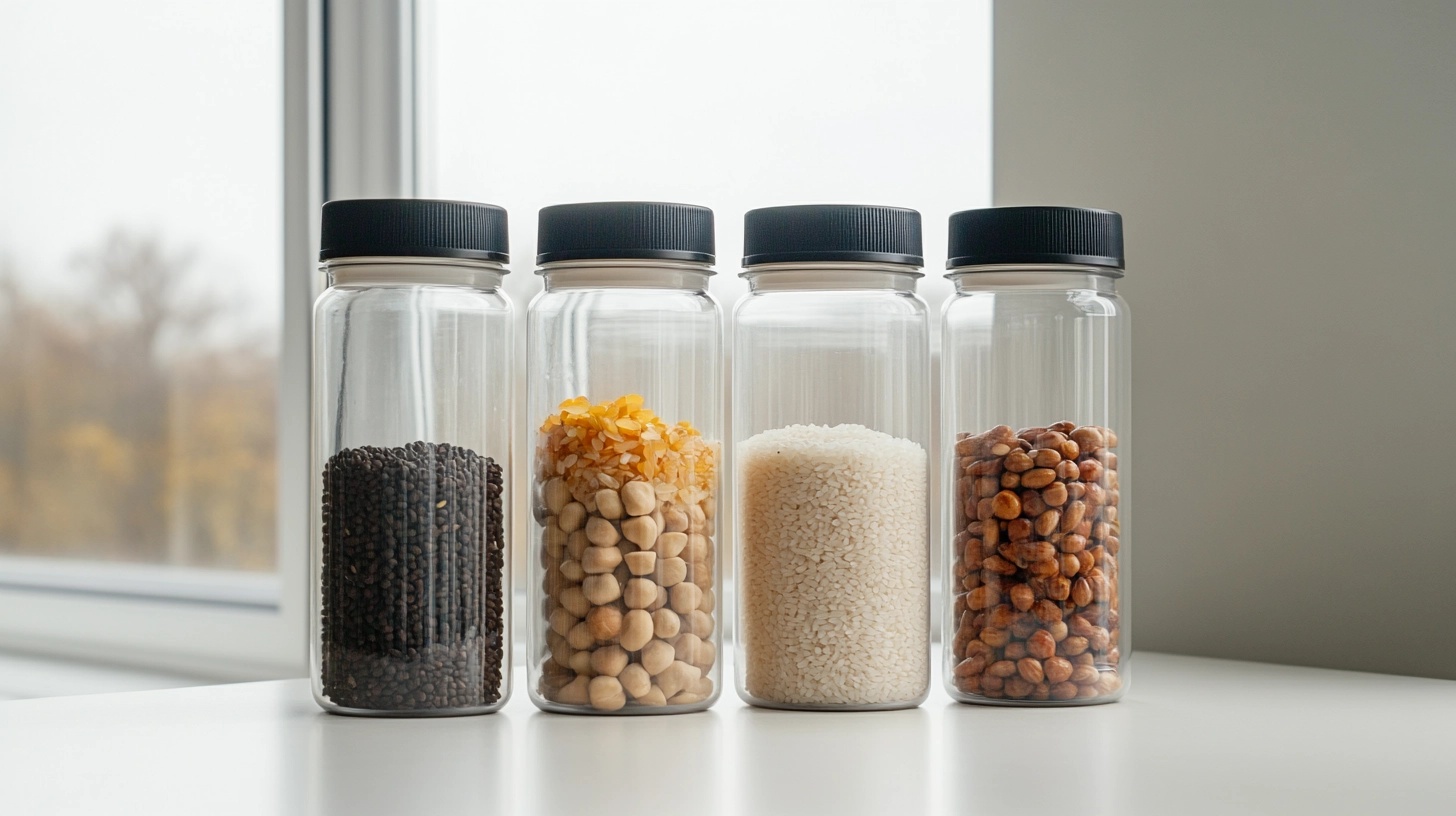 Clear plastic bottles filled with rice, beans, and bells