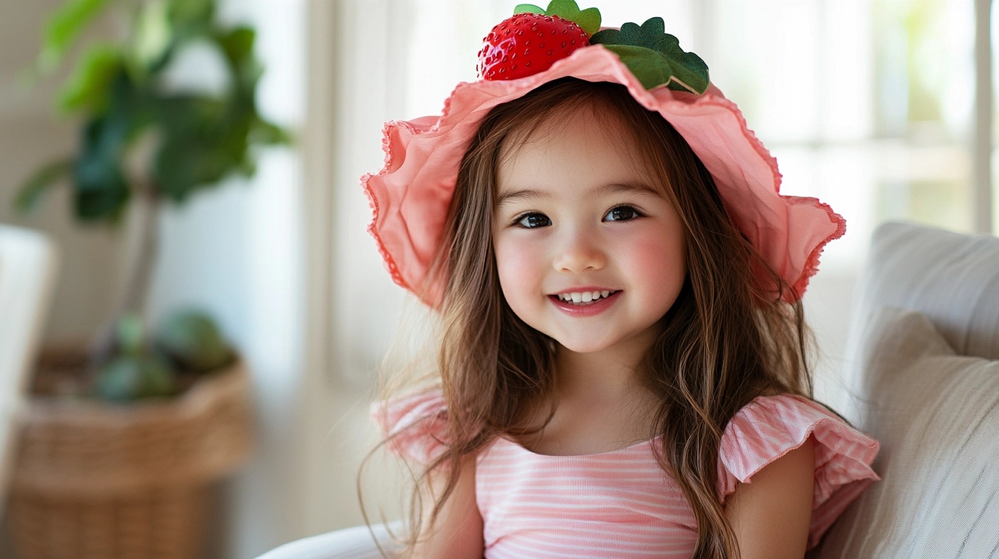 A girl wearing a Strawberry shortcake hat