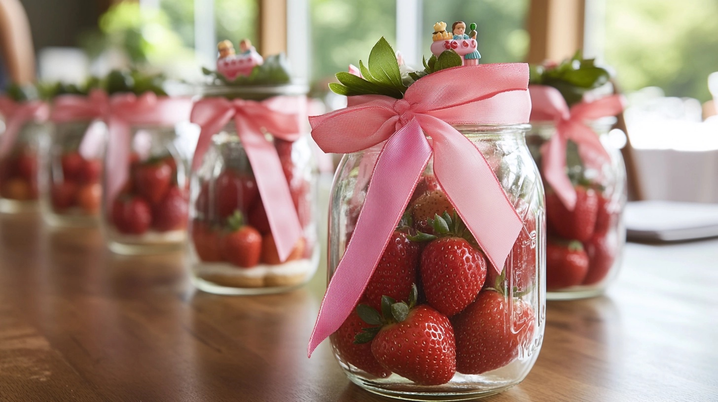 Mason jars centerpieces for a Strawberry Shortcakes Party