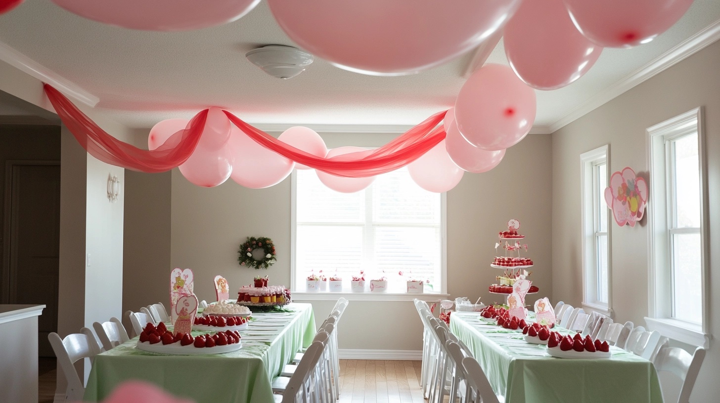 Room decorated for a Strawberry Shortcake party