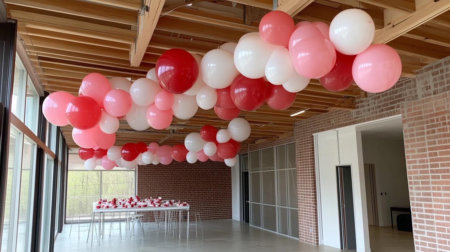 A Pink, White and red ballons Garland for a Strawberry Shortcake Party